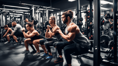 Create an image of a modern gym environment featuring a diverse group of people focusing on leg and glute exercises. Show individuals using squat racks, le