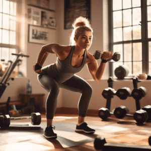 A fit, determined individual exercising in a cozy home gym, lifting dumbbells with a focused expression a well-equipped home setting filled with a variety