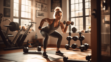 A fit, determined individual exercising in a cozy home gym, lifting dumbbells with a focused expression a well-equipped home setting filled with a variety