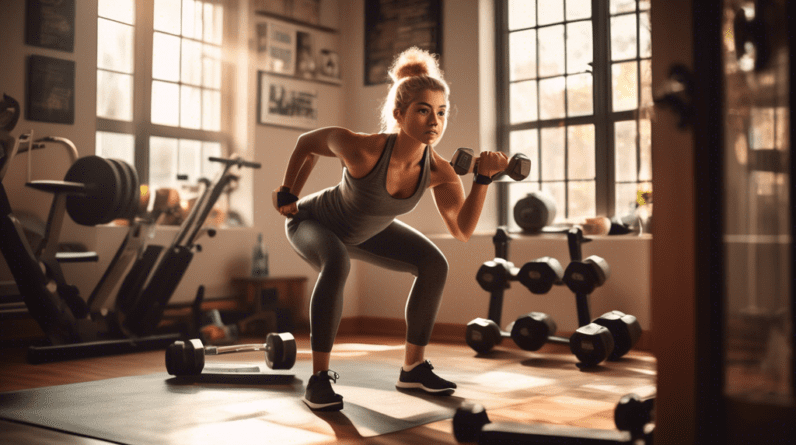 A fit, determined individual exercising in a cozy home gym, lifting dumbbells with a focused expression a well-equipped home setting filled with a variety