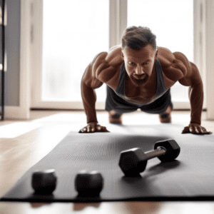 A fit, muscular individual exercising at home using minimal equipment. They're performing push-ups on a yoga mat in their living room. A pair of dumbbells