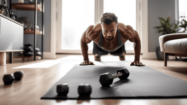 A fit, muscular individual exercising at home using minimal equipment. They're performing push-ups on a yoga mat in their living room. A pair of dumbbells