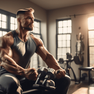 A fit man working out in a cozy home gym with minimal equipment, performing bicep curls with dumbbells and tricep dips on a sturdy chair. The room is brigh