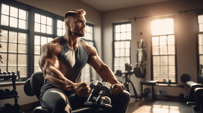 A fit man working out in a cozy home gym with minimal equipment, performing bicep curls with dumbbells and tricep dips on a sturdy chair. The room is brigh