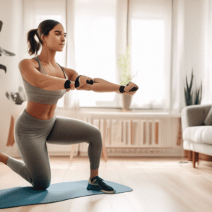 A person in comfortable workout clothes exercising in a cozy, well-lit living room, performing lunges, squats, and leg raises. Various pieces of home fitne