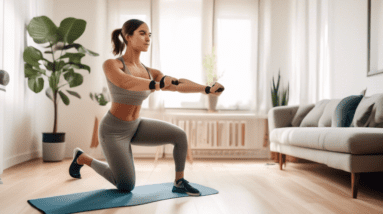 A person in comfortable workout clothes exercising in a cozy, well-lit living room, performing lunges, squats, and leg raises. Various pieces of home fitne