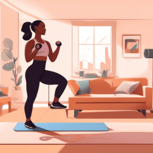 A detailed digital illustration of a person working out in their living room, performing various leg exercises such as squats, lunges, and calf raises. The