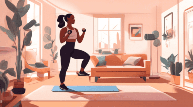 A detailed digital illustration of a person working out in their living room, performing various leg exercises such as squats, lunges, and calf raises. The