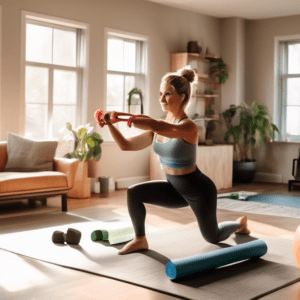 A cozy living room transformed into a home gym with various exercise equipment like resistance bands, dumbbells, and a yoga mat. A person is performing leg