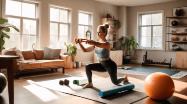 A cozy living room transformed into a home gym with various exercise equipment like resistance bands, dumbbells, and a yoga mat. A person is performing leg