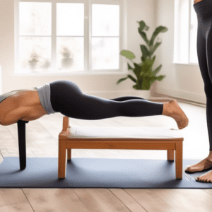 A fit person demonstrating various bodyweight exercises in a minimalist home setting, performing push-ups, tricep dips on a sturdy chair, and a plank with