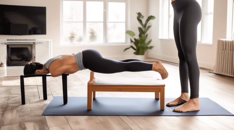 A fit person demonstrating various bodyweight exercises in a minimalist home setting, performing push-ups, tricep dips on a sturdy chair, and a plank with