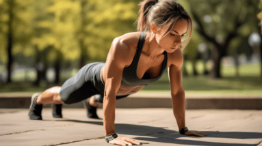 A fit individual performing various bodyweight exercises such as push-ups, tricep dips, and planks in an outdoor park setting, showcasing toned arms and a