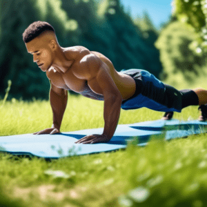 A fit person with defined abs exercising outdoors in a serene natural setting, performing bodyweight exercises like planks and leg raises, surrounded by lu