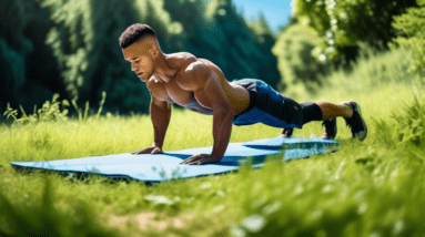 A fit person with defined abs exercising outdoors in a serene natural setting, performing bodyweight exercises like planks and leg raises, surrounded by lu