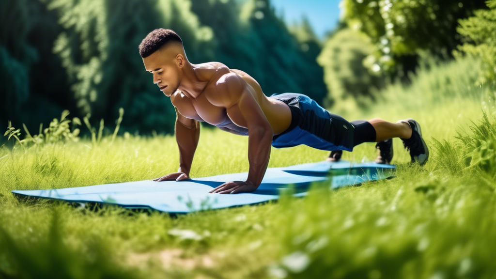 A fit person with defined abs exercising outdoors in a serene natural setting, performing bodyweight exercises like planks and leg raises, surrounded by lu