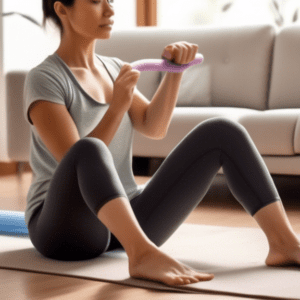 A person performing various forearm exercises in a cozy living room setting, using simple household items like a towel, a water bottle, and a resistance ba