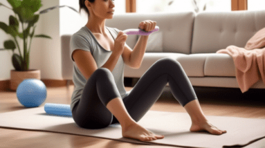 A person performing various forearm exercises in a cozy living room setting, using simple household items like a towel, a water bottle, and a resistance ba