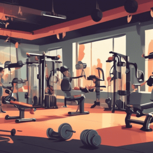 A detailed illustration of a gym setting focused on arm workout equipment. The scene includes a variety of gym machines and free weights like dumbbells, ba