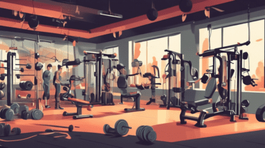 A detailed illustration of a gym setting focused on arm workout equipment. The scene includes a variety of gym machines and free weights like dumbbells, ba