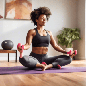 A cozy home living room with an individual performing core exercises, such as planks, sit-ups, and leg raises, on a yoga mat. The room is bright with natur