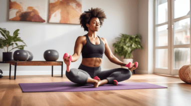 A cozy home living room with an individual performing core exercises, such as planks, sit-ups, and leg raises, on a yoga mat. The room is bright with natur