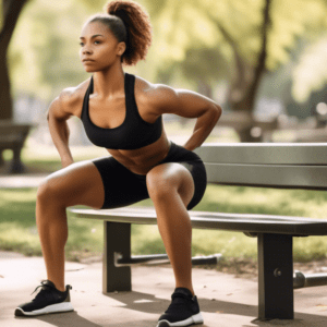 A serene outdoor park setting with a person performing various leg exercises such as squats, lunges, and step-ups on a park bench. The individual is dresse