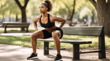 A serene outdoor park setting with a person performing various leg exercises such as squats, lunges, and step-ups on a park bench. The individual is dresse