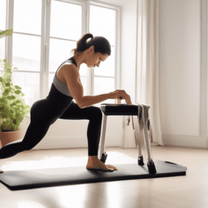 A fit person performing bodyweight tricep exercises in a minimalist home setting. They are doing tricep dips using a sturdy chair, close-grip push-ups on a