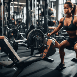 A well-equipped gym with a diverse range of exercise equipment, focusing on a person performing various leg and glute strength exercises. The person is usi