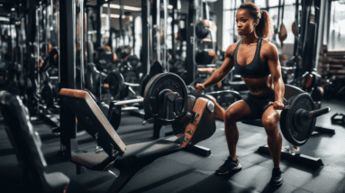 A well-equipped gym with a diverse range of exercise equipment, focusing on a person performing various leg and glute strength exercises. The person is usi