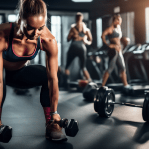 A dynamic gym setting where a fit individual, dressed in workout attire, is performing leg and glute exercises using dumbbells. The person is shown doing l