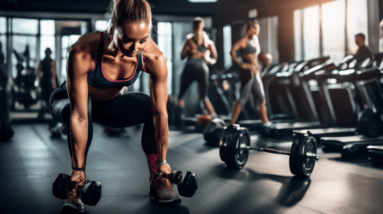 A dynamic gym setting where a fit individual, dressed in workout attire, is performing leg and glute exercises using dumbbells. The person is shown doing l