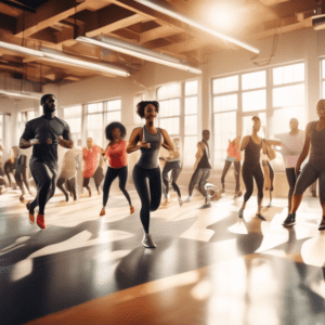 A vibrant, energetic scene showing a diverse group of people in a modern gym, engaged in various full-body workouts. Some are doing jumping jacks, others a