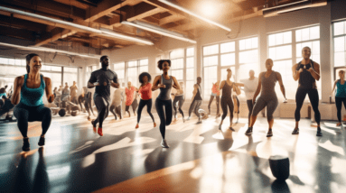 A vibrant, energetic scene showing a diverse group of people in a modern gym, engaged in various full-body workouts. Some are doing jumping jacks, others a