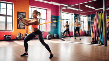 A dynamic and energetic scene featuring an individual performing a resistance band workout in a bright, spacious fitness studio. The person, dressed in mod