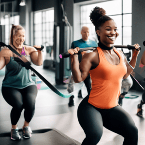 A diverse group of individuals performing a full-body workout routine using resistance bands in a bright, modern gym. The image shows various exercises lik