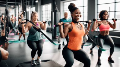 A diverse group of individuals performing a full-body workout routine using resistance bands in a bright, modern gym. The image shows various exercises lik