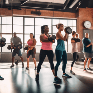 A vibrant gym scene where a diverse group of people are engaging in a time-efficient full-body workout. They are using a combination of equipment such as d