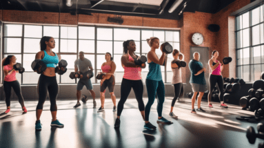 A vibrant gym scene where a diverse group of people are engaging in a time-efficient full-body workout. They are using a combination of equipment such as d