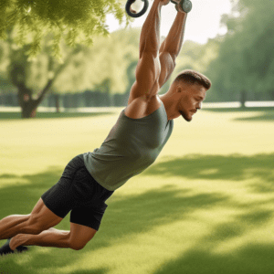 A highly fit individual performing a series of bodyweight exercises to target the biceps, such as close-grip chin-ups and isometric holds, in a serene outd