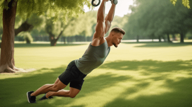 A highly fit individual performing a series of bodyweight exercises to target the biceps, such as close-grip chin-ups and isometric holds, in a serene outd