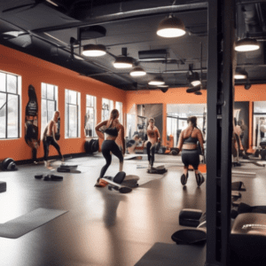 A dynamic fitness studio filled with natural light, featuring individuals performing various leg and glute exercises. Visible are people doing squats, lung