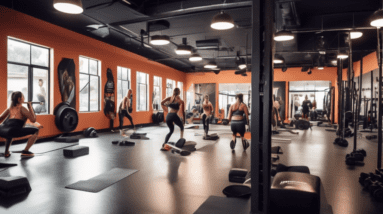 A dynamic fitness studio filled with natural light, featuring individuals performing various leg and glute exercises. Visible are people doing squats, lung